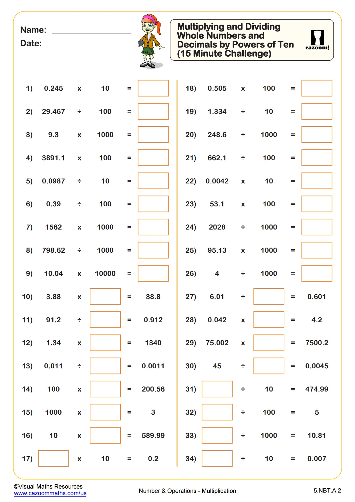 Multiplying And Dividing Whole Numbers And Decimals By Powers Of Ten 15 Minute Challenge Fun And Engaging 5th Grade PDF Worksheets Cazoom Math Multiplying And Dividing Whole Numbers And Decimals By Powers Of Ten 15 Minute Challenge Fun And Engaging 5th Grade PDF Worksheets Cazoom Math