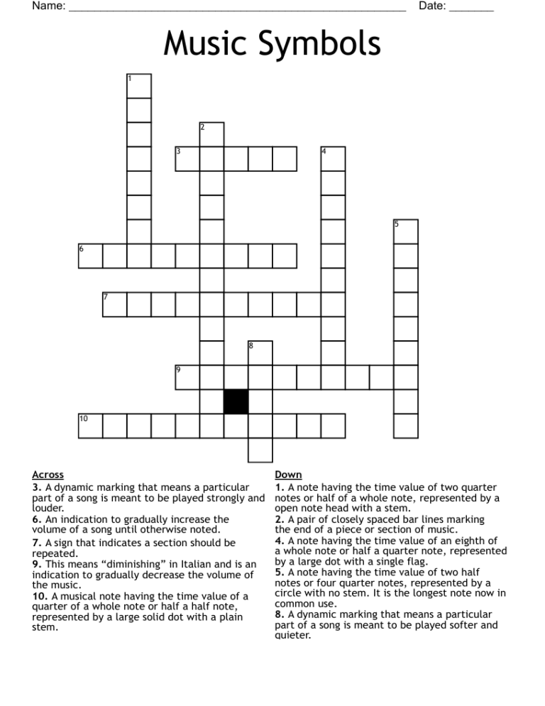 Music Symbols Crossword WordMint