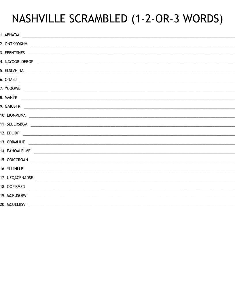 NASHVILLE SCRAMBLED 1 2 OR 3 WORDS WordMint NASHVILLE SCRAMBLED 1 2 OR 3 WORDS WordMint