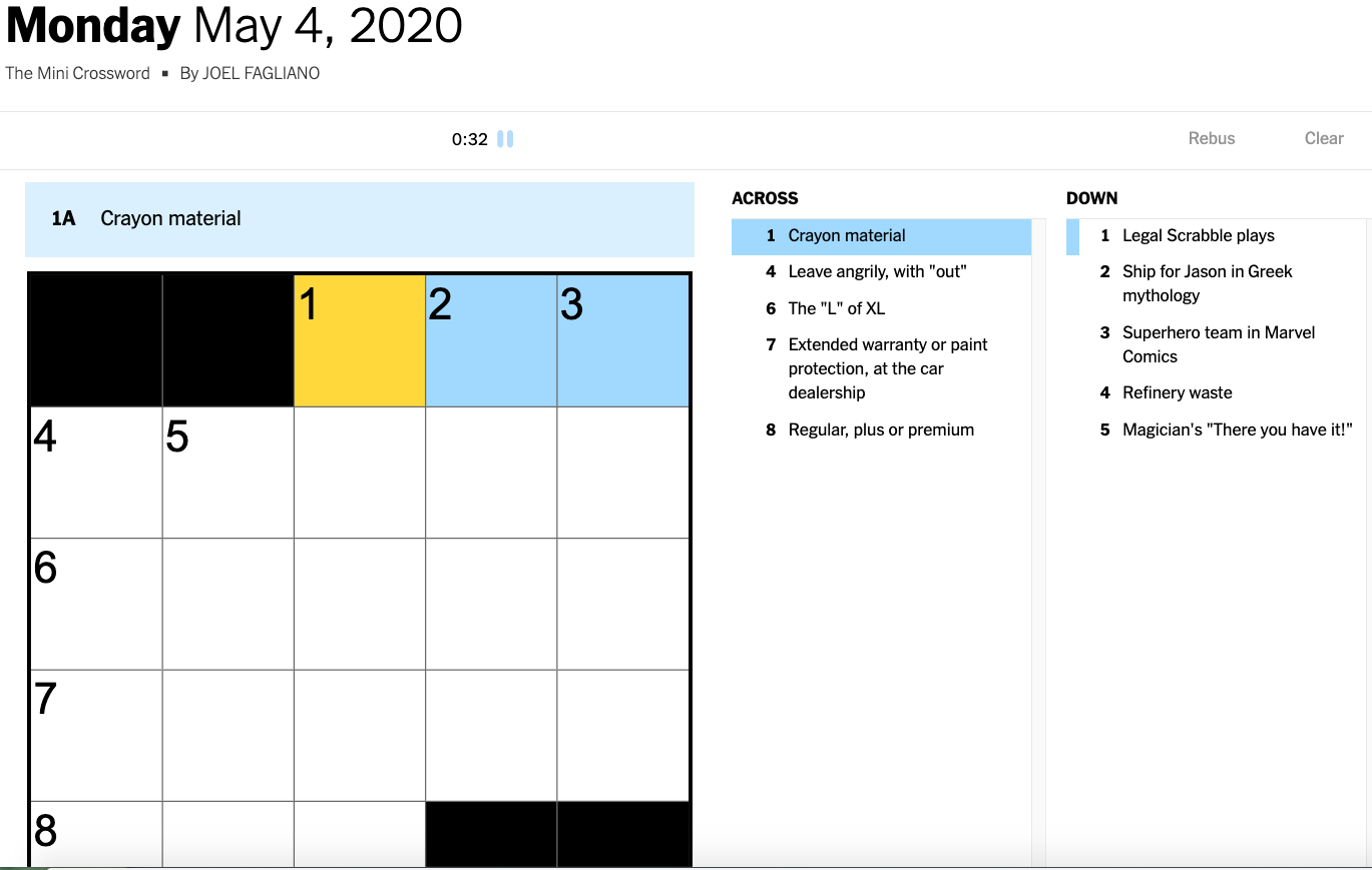New York Times Mini Crossword Puzzle May 4 2020 A Journal Of The Plague Year Covid 19 Archive New York Times Mini Crossword Puzzle May 4 2020 A Journal Of The Plague Year Covid 19 Archive