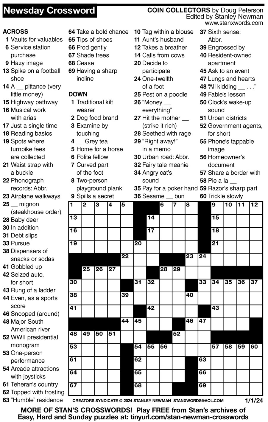 Newsday Crossword Puzzle For Jan 01 2024 By Stanley Newman Creators Syndicate