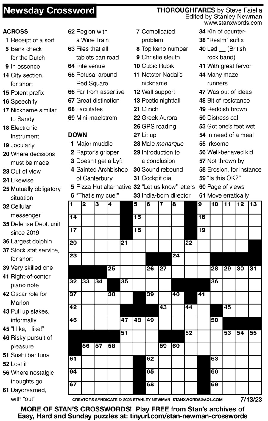 Newsday Crossword Puzzle For Jul 13 2023 By Stanley Newman Creators Syndicate