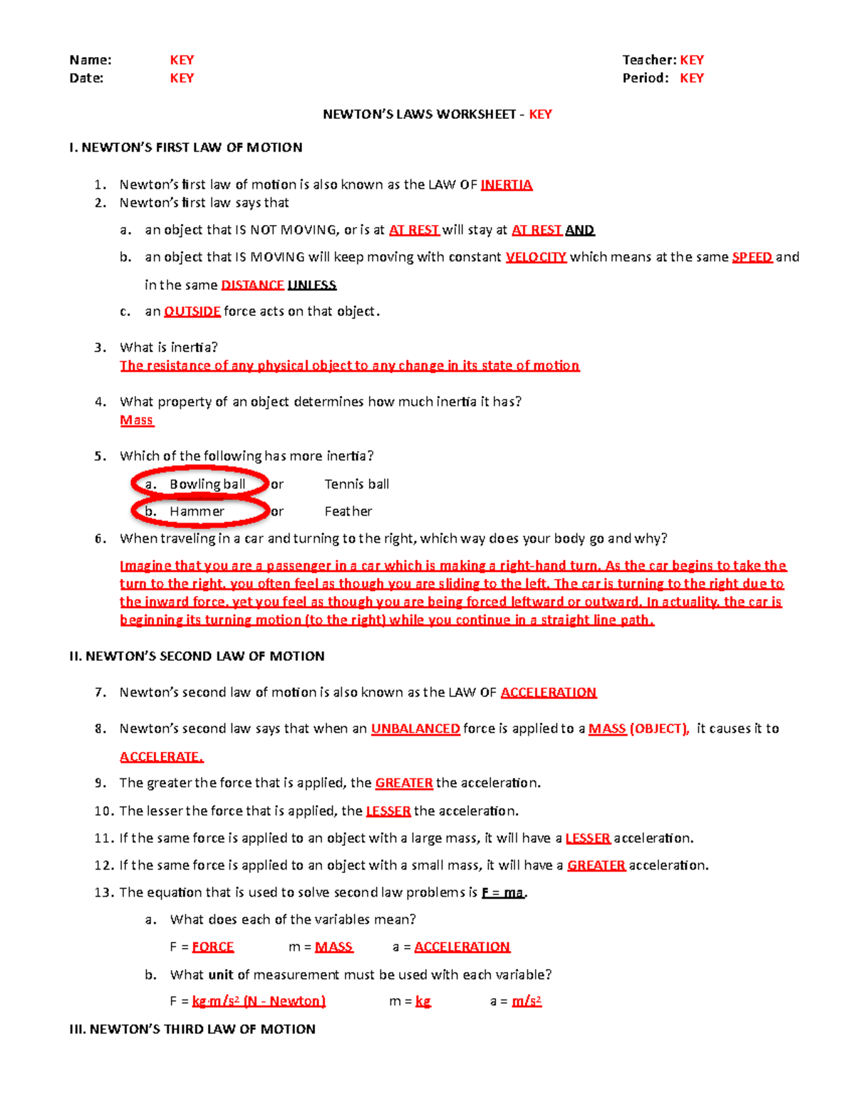 Newtons Laws Worksheet KEY Name KEY Teacher KEY Date KEY Period KEY NEWTON S LAWS WORKSHEET Studocu Newtons Laws Worksheet KEY Name KEY Teacher KEY Date KEY Period KEY NEWTON S LAWS WORKSHEET Studocu