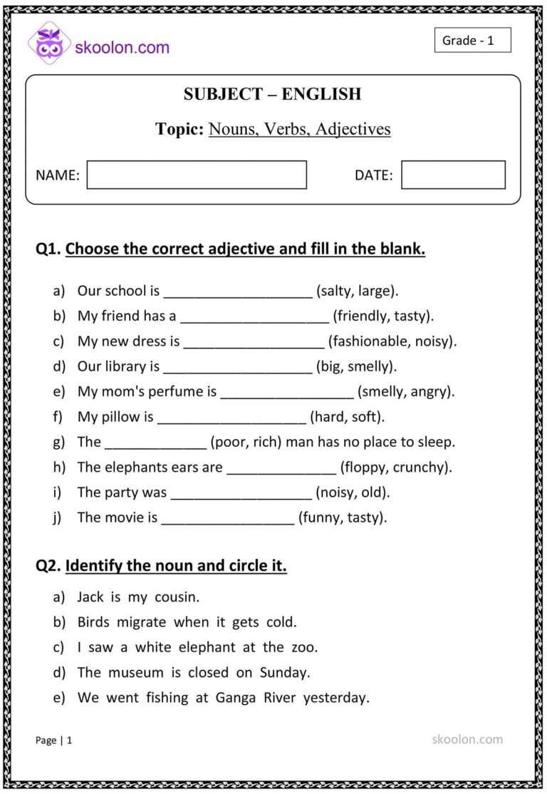 Nouns Verbs Adjectives Skoolon Worksheets Library