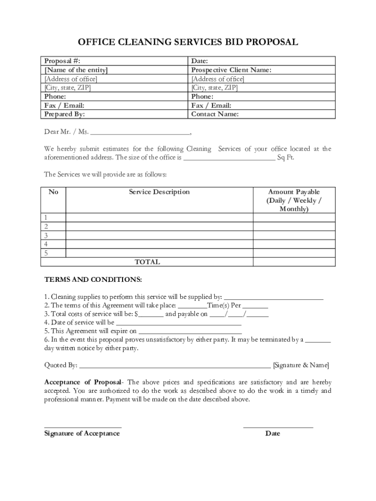 Office Cleaning Services Bid Proposal Form Fill Online Printable Fillable Blank PdfFiller Office Cleaning Services Bid Proposal Form Fill Online Printable Fillable Blank PdfFiller