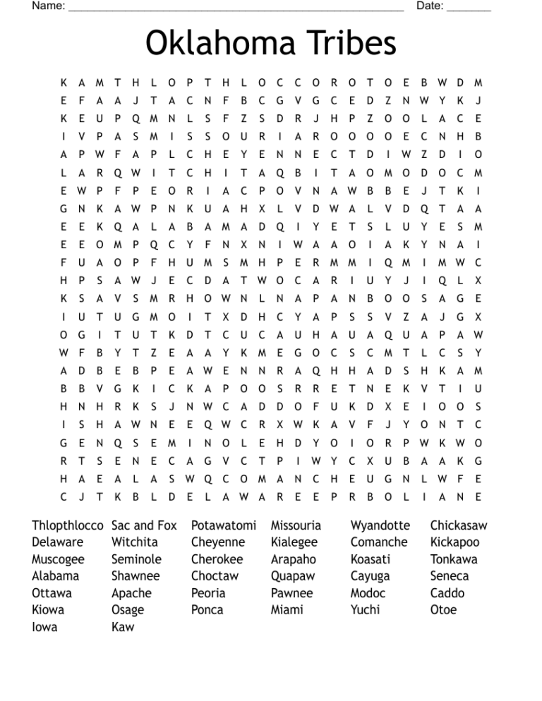 Oklahoma Tribes Word Search WordMint