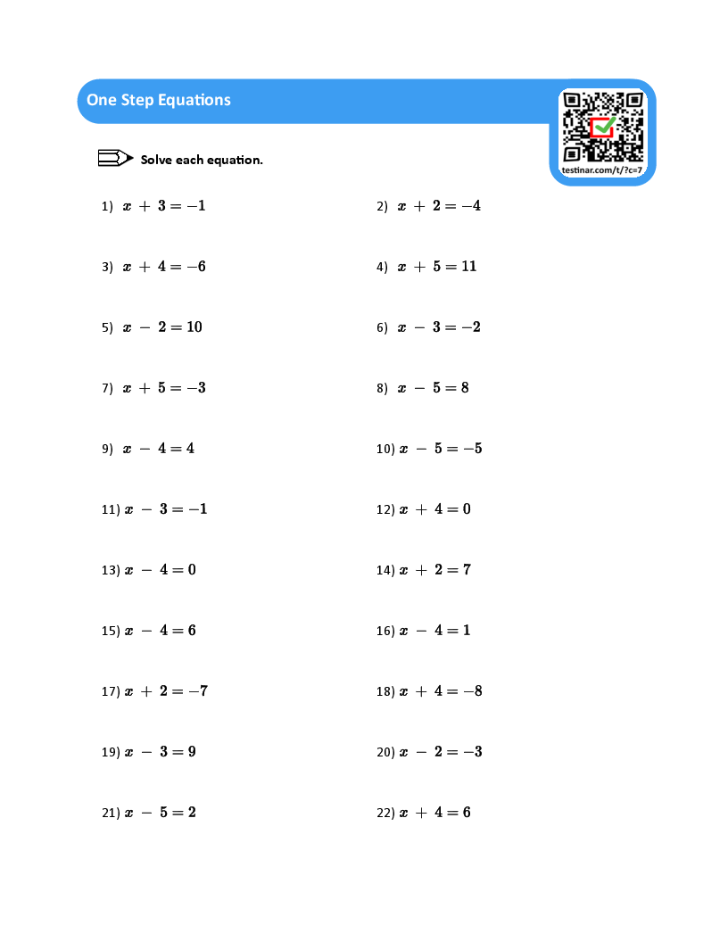 One Step Equations Worksheets One Step Equations Worksheets