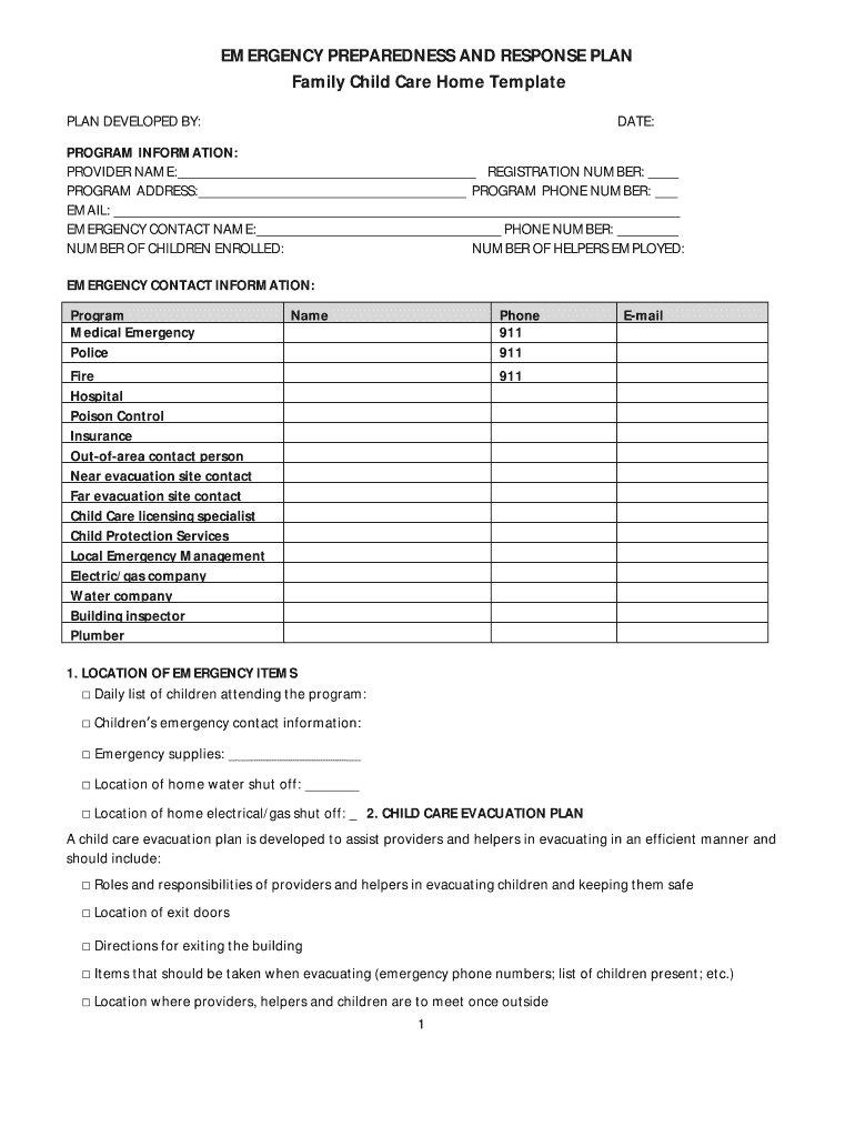 printable daycare emergency preparedness plan template