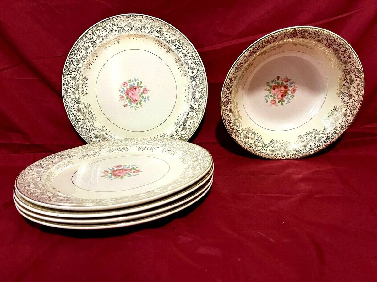 Paden City Pottery Pink Rose Pattern Gold Trim Lot Of 5 Dinner Plates 1 Bowl EBay Paden City Pottery Pink Rose Pattern Gold Trim Lot Of 5 Dinner Plates 1 Bowl EBay