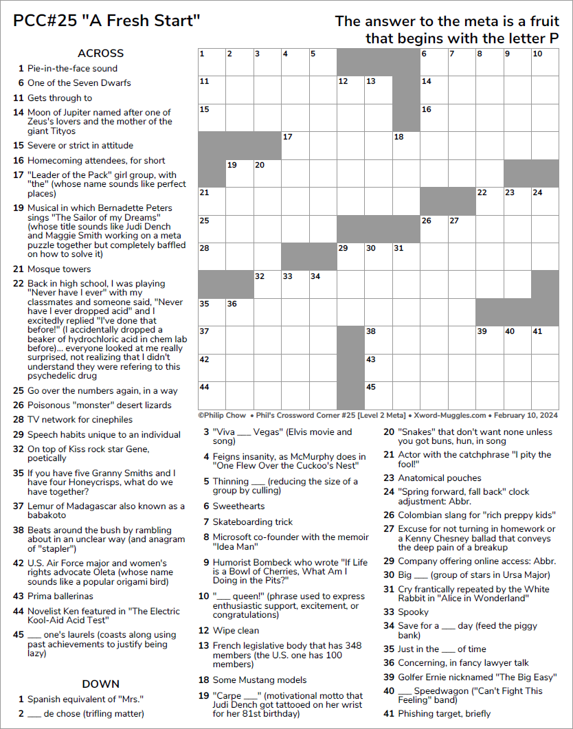 PCC 25 A Fresh Start Feb 10 2024 XWord Muggles Forum PCC 25 A Fresh Start Feb 10 2024 XWord Muggles Forum