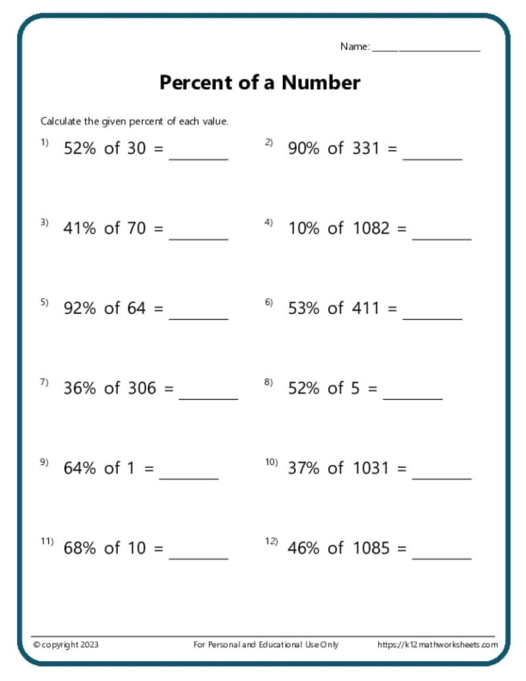 Percent Of A Number Worksheets