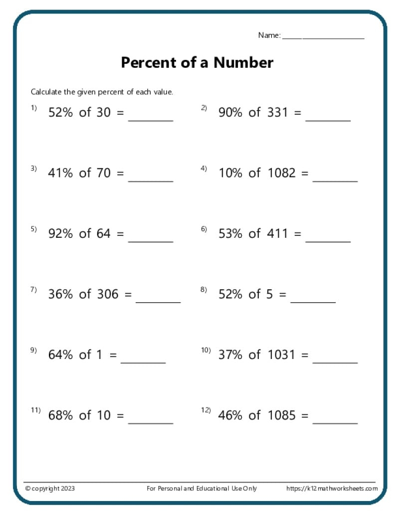 Percent Of A Number Worksheets Percent Of A Number Worksheets