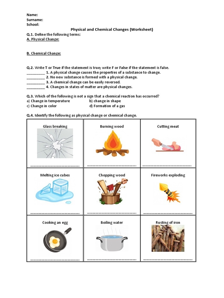 physical and chemical changes worksheet physical and chemical changes worksheet