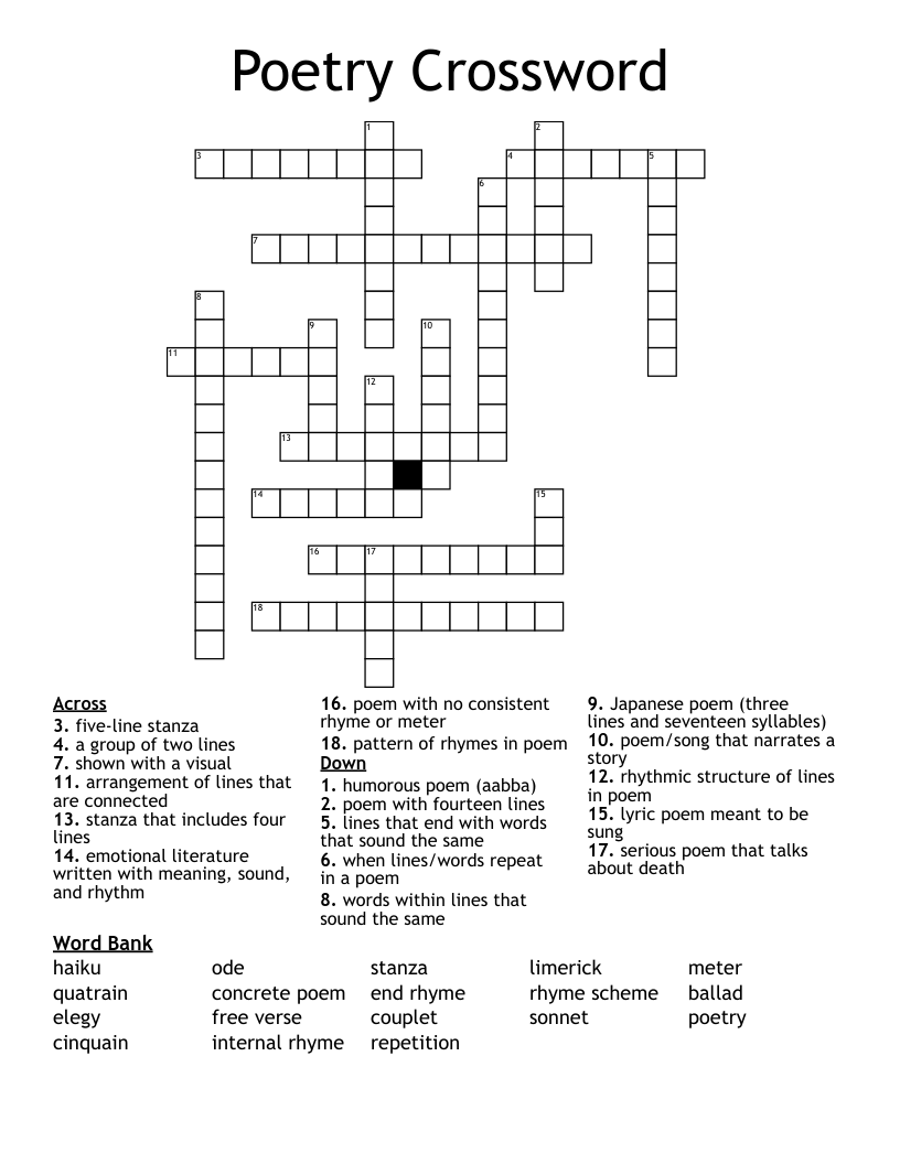 Poetry Crossword WordMint Poetry Crossword WordMint