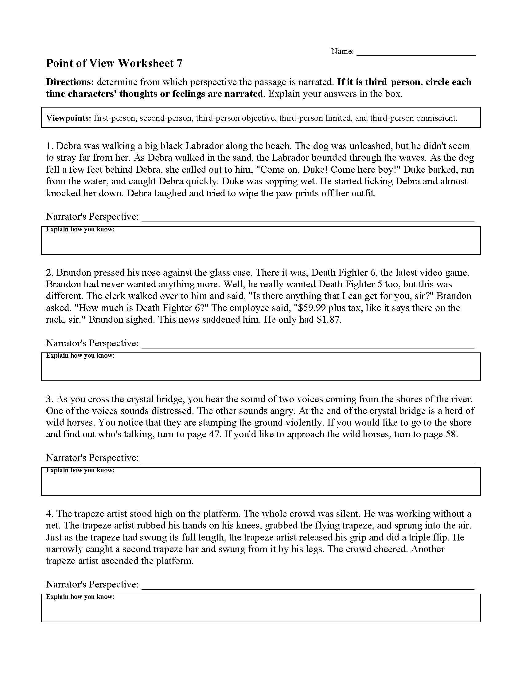 Point Of View Worksheet 7 Reading Activity Point Of View Worksheet 7 Reading Activity