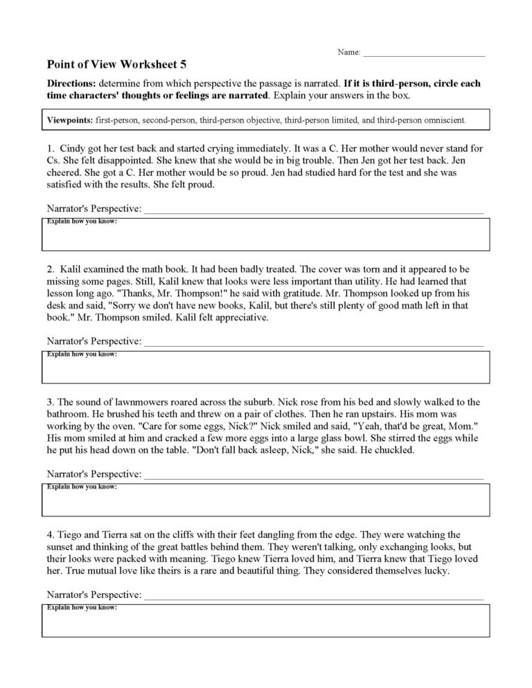 Point Of View Worksheets Reading Activities