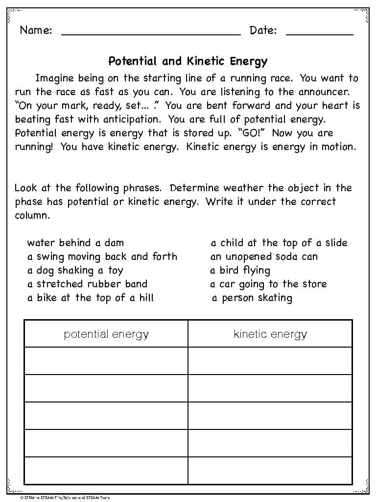 potential and kinetic energy worksheet potential and kinetic energy worksheet