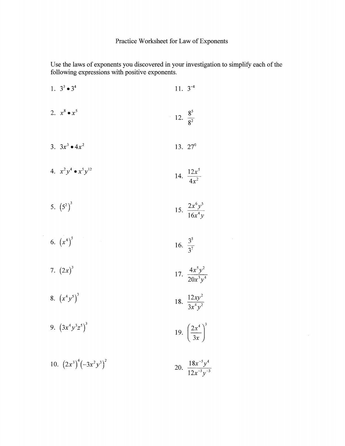 Practice Worksheet For Law Of Exponents Use The Laws Of Wveis Practice Worksheet For Law Of Exponents Use The Laws Of Wveis