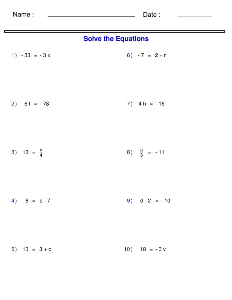 Pre Algebra Equations One Step Equations Containing Integers Worksheets Made By Teachers