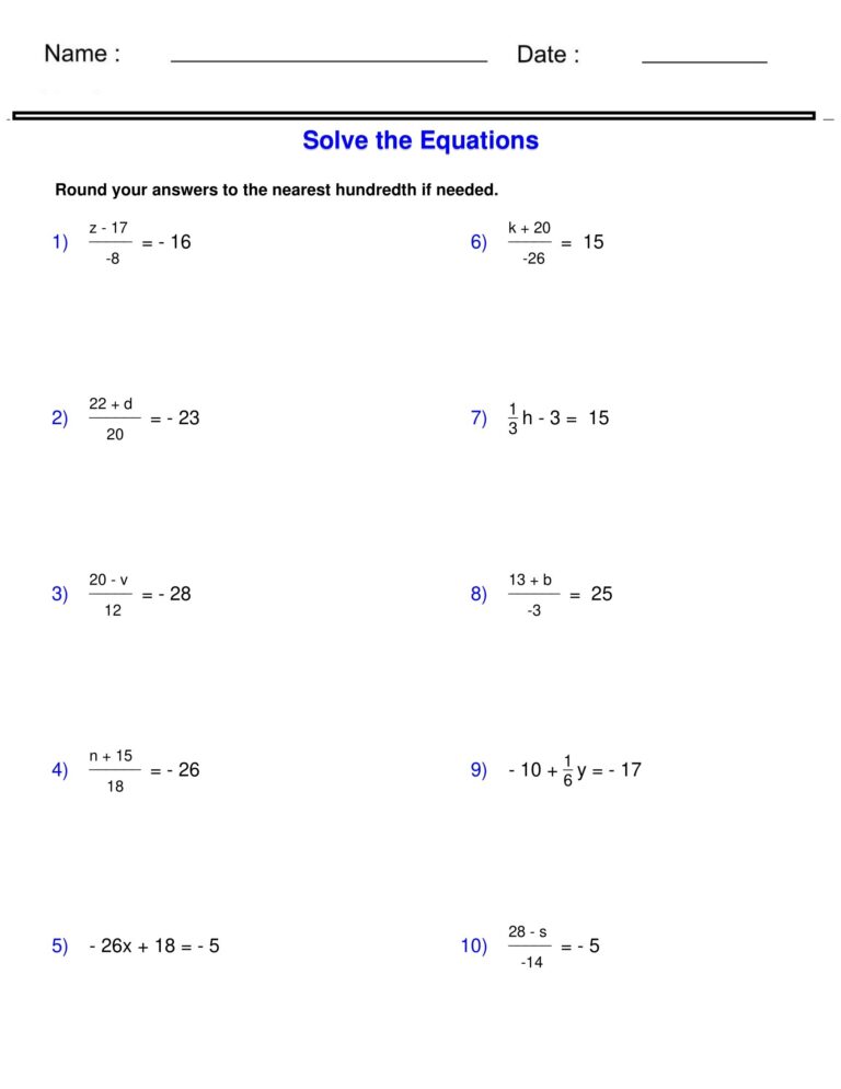 Pre Algebra Equations Two Step Equations Containing Integers Worksheets Made By Teachers