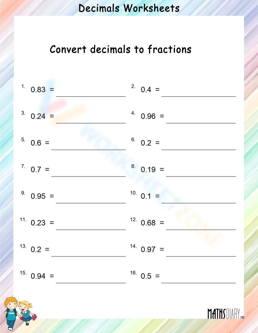 Printable Converting Decimals To Fractions Worksheets