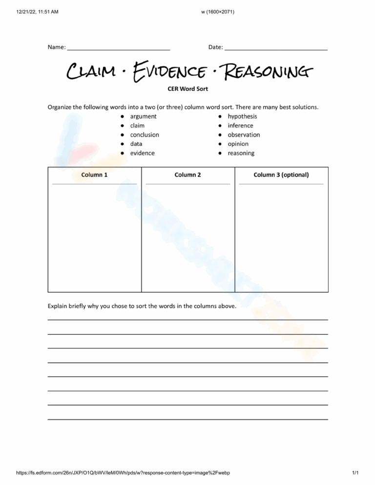 Printable Grade 5 Claim Evidence Reasoning Worksheets