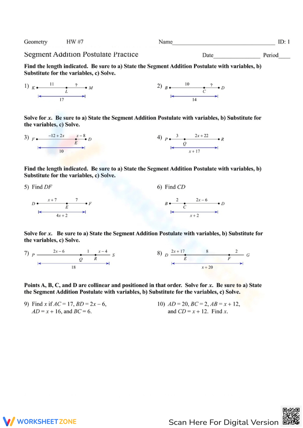 Printable Segment Addition Postulate Worksheets Printable Segment Addition Postulate Worksheets
