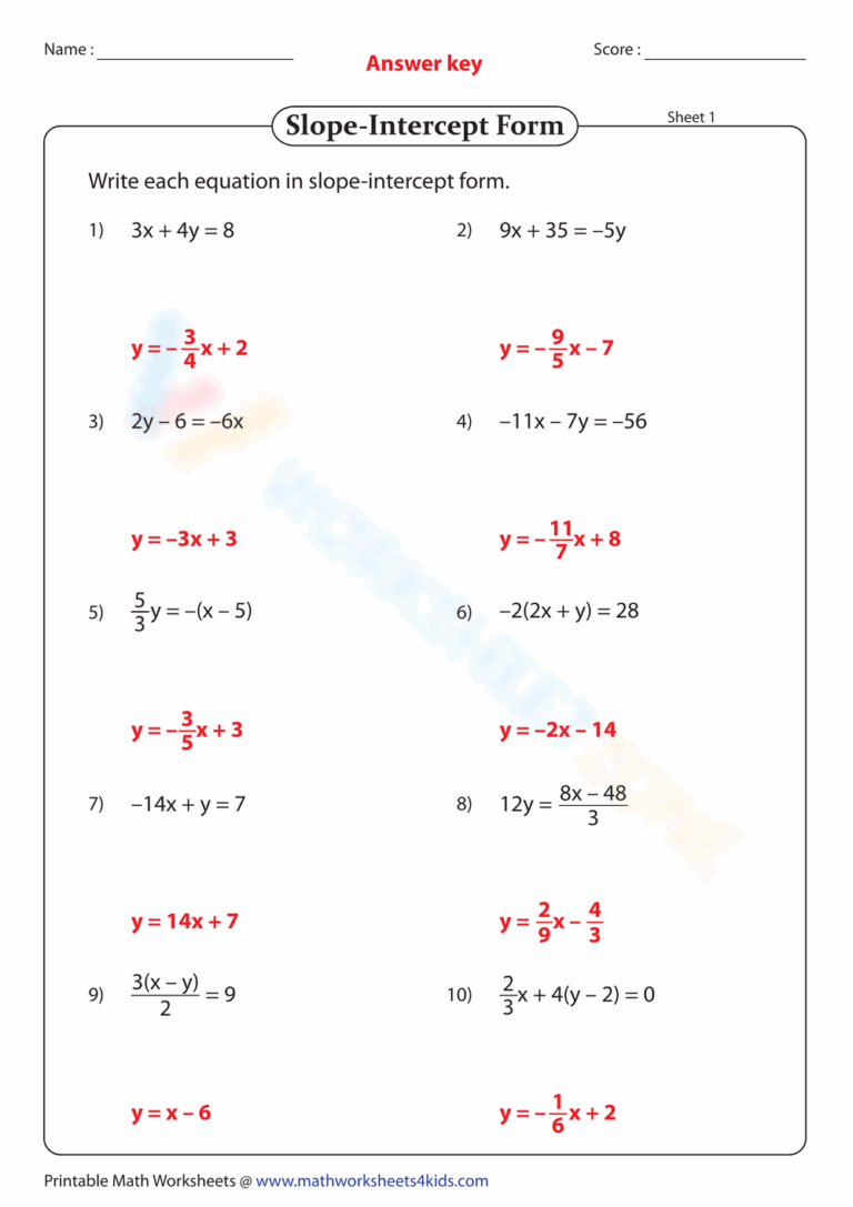 Printable Slope Intercept Form Worksheets Download