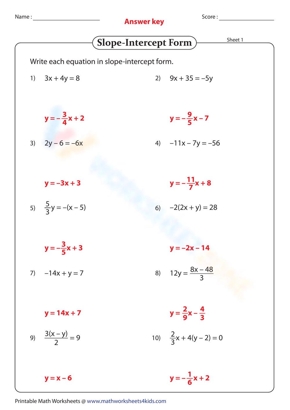Printable Slope Intercept Form Worksheets Download Printable Slope Intercept Form Worksheets Download
