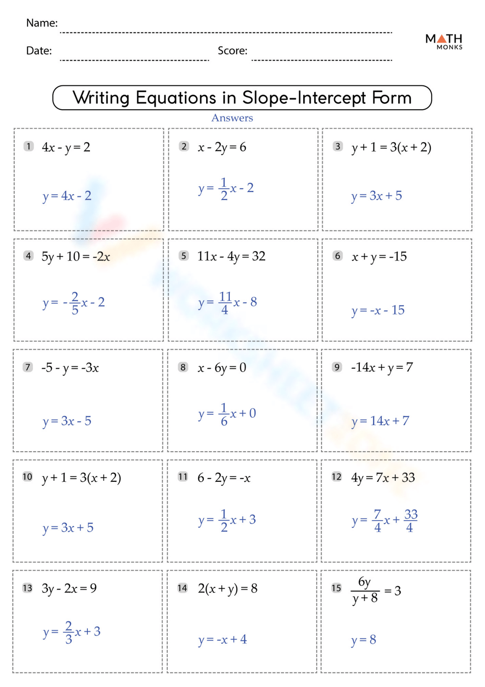 Printable Slope Intercept Form Worksheets Download Printable Slope Intercept Form Worksheets Download