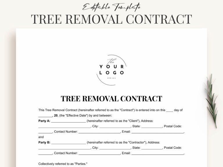 Printable Tree Removal Contract Template Word Customizable PDF Agreement For Tree Removal Etsy