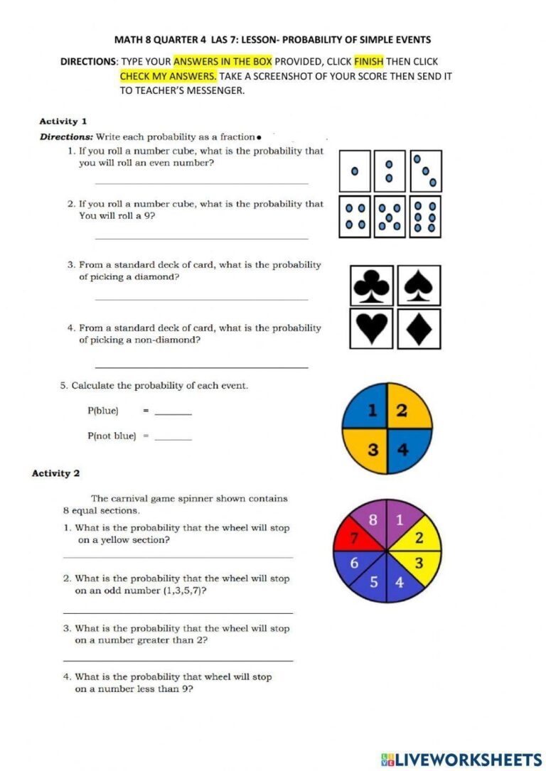 Probability Of Simple Events Chapter 9 Lesson 1 Math 7 Worksheets Library