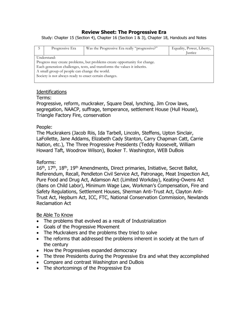 Progressive Era Review Sheet Key Terms Concepts Progressive Era Review Sheet Key Terms Concepts