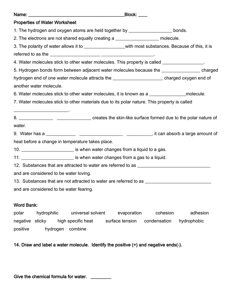 Properties Of Water Worksheet High School Chemistry Properties Of Water Worksheet High School Chemistry