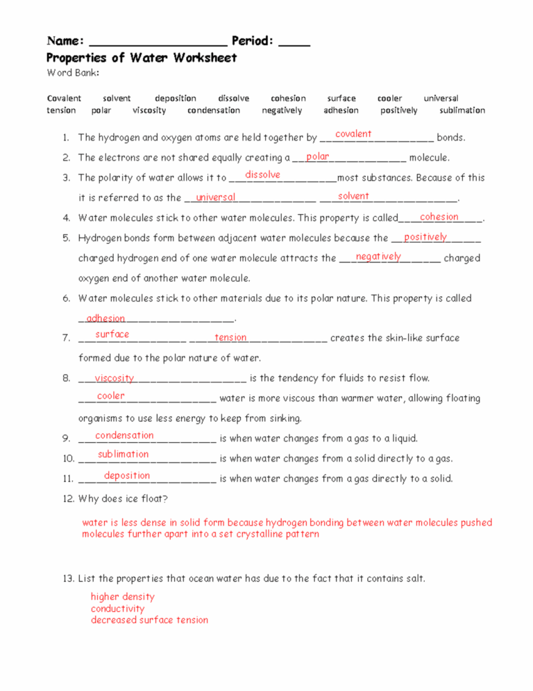 Properties Of Water Worksheet KEY Name Period Properties Of Water Studocu