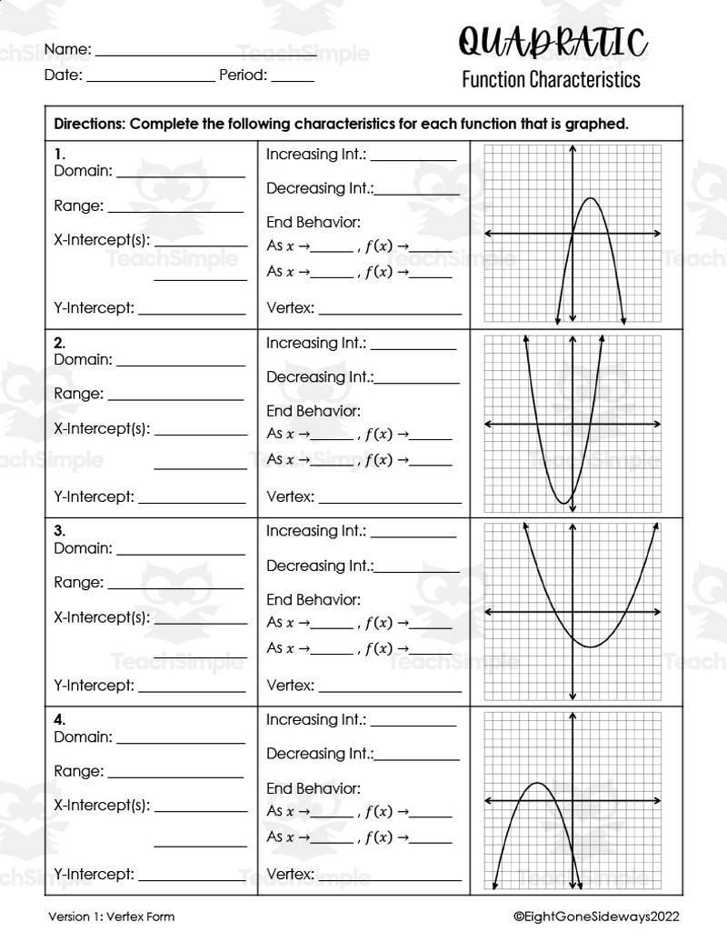 Quadratic Functions Vertex Form Worksheet By Teach Simple Quadratic Functions Vertex Form Worksheet By Teach Simple
