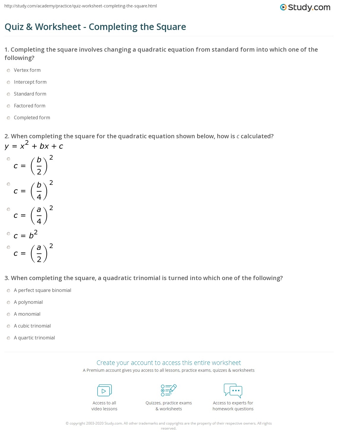 Quiz Worksheet Completing The Square Study Quiz Worksheet Completing The Square Study