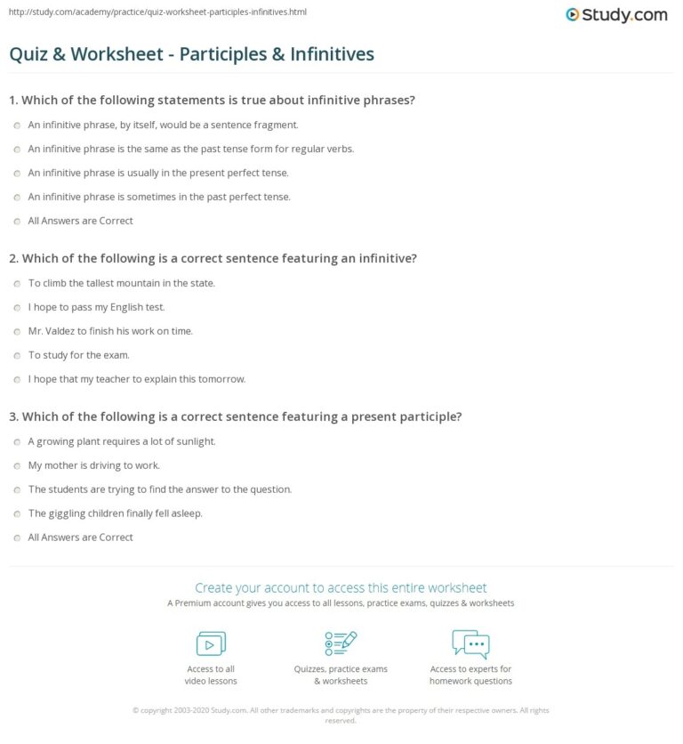 Quiz Worksheet Participles Infinitives Study