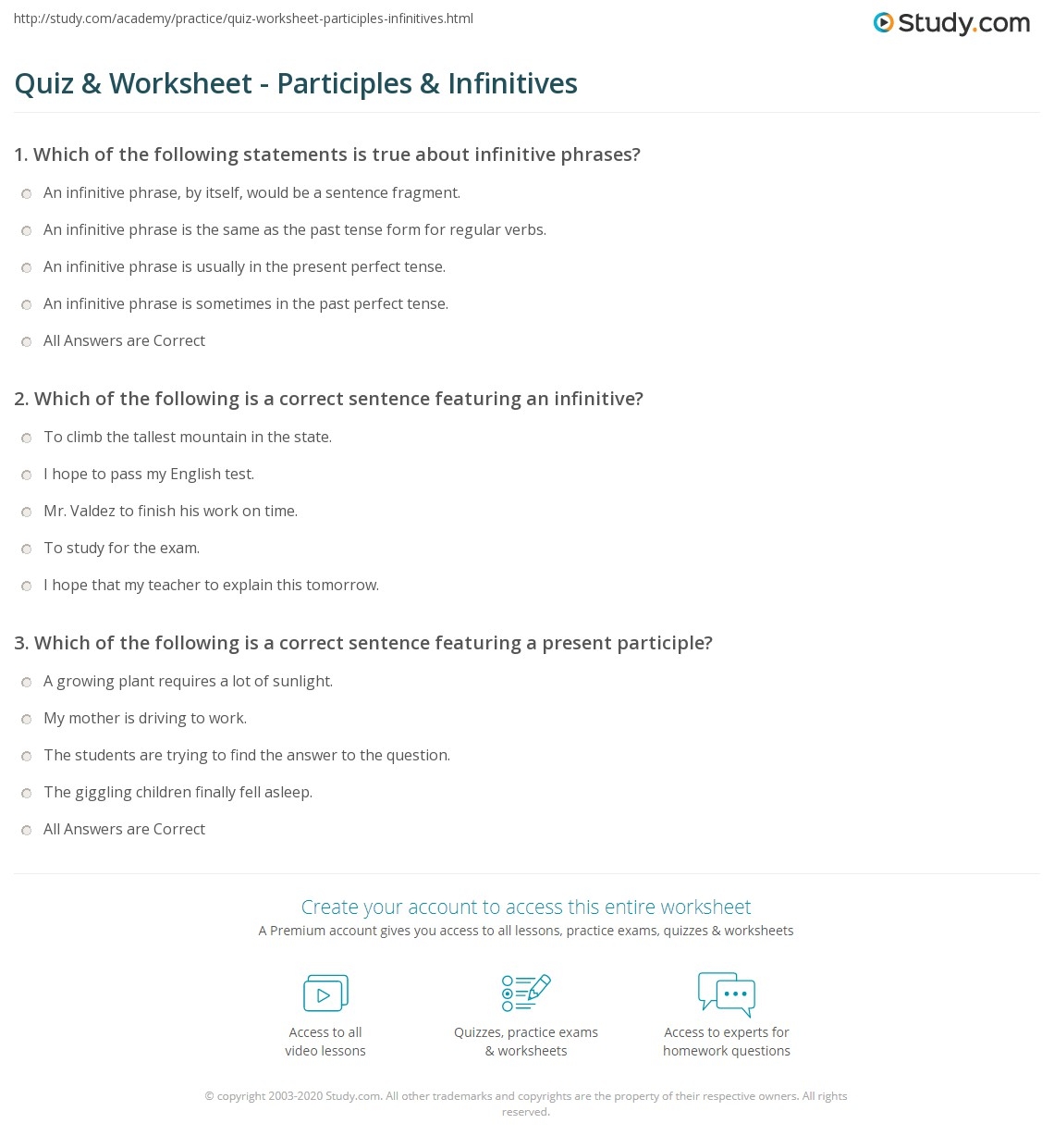 Quiz Worksheet Participles Infinitives Study Quiz Worksheet Participles Infinitives Study