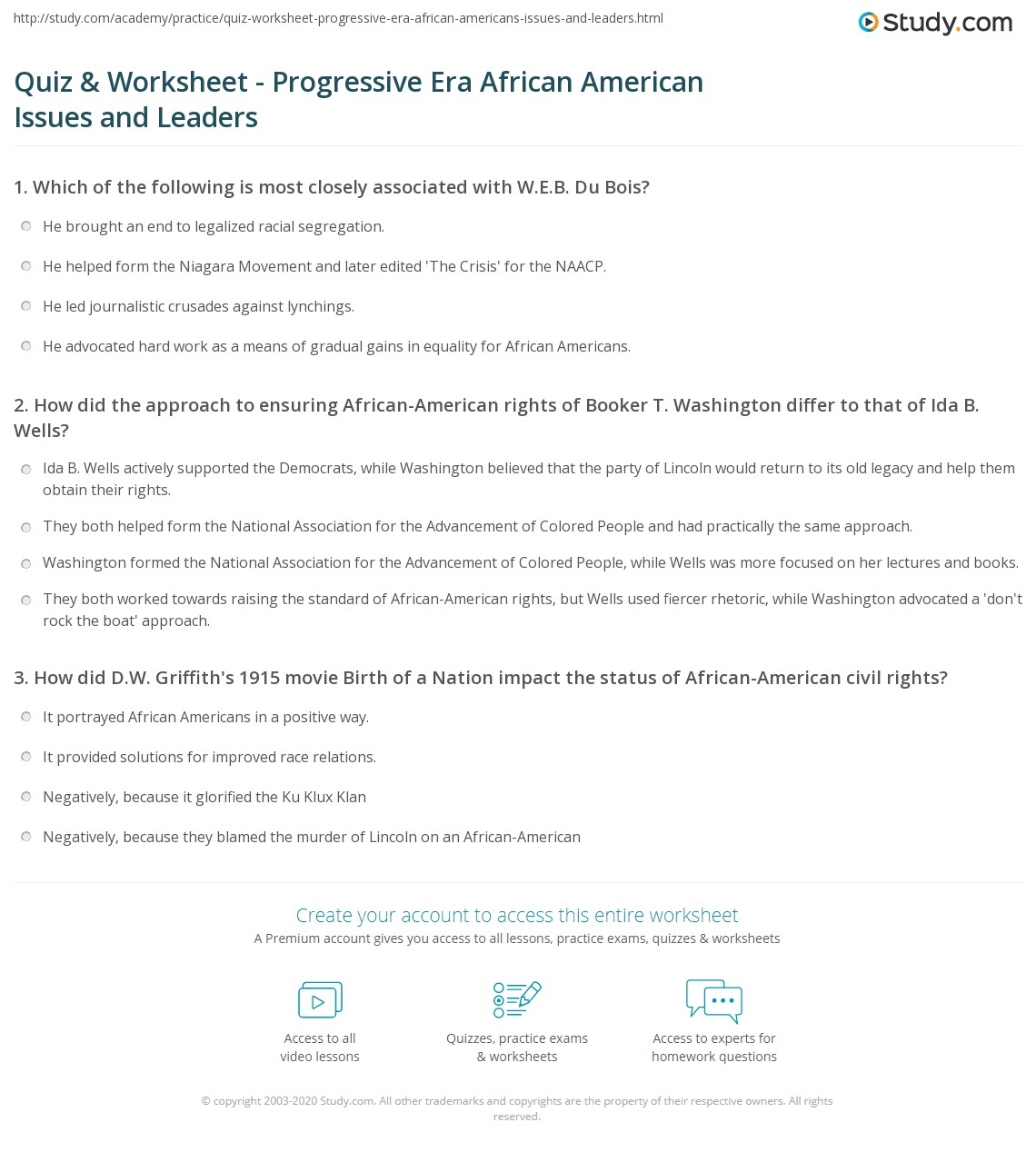 Quiz Worksheet Progressive Era African American Issues And Leaders Study Quiz Worksheet Progressive Era African American Issues And Leaders Study