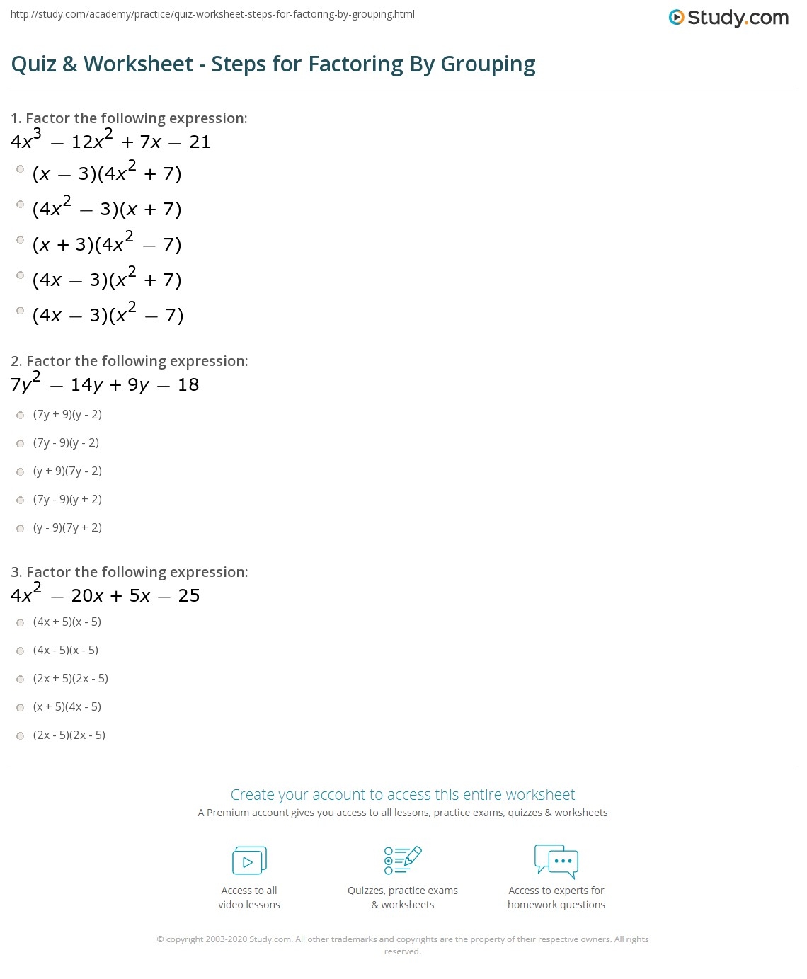 Quiz Worksheet Steps For Factoring By Grouping Study