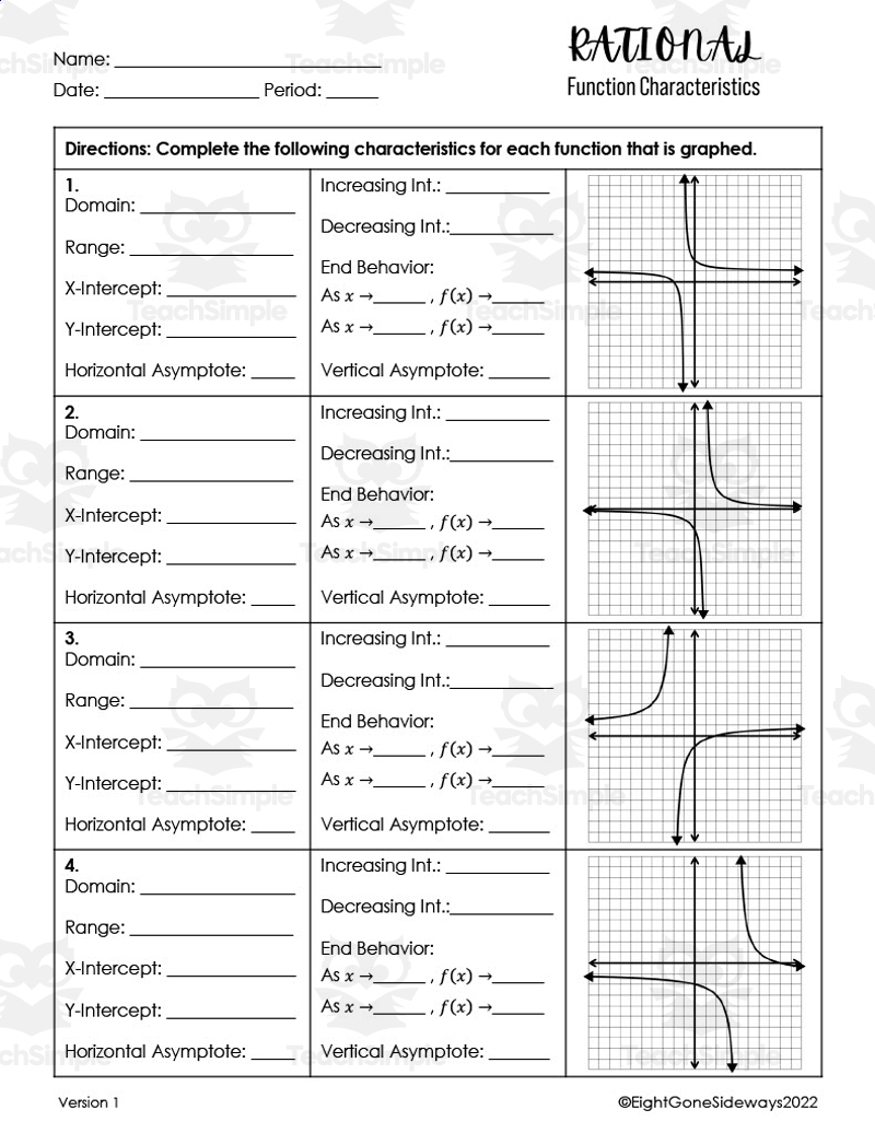 Rational Function Characteristic Worksheet By Teach Simple