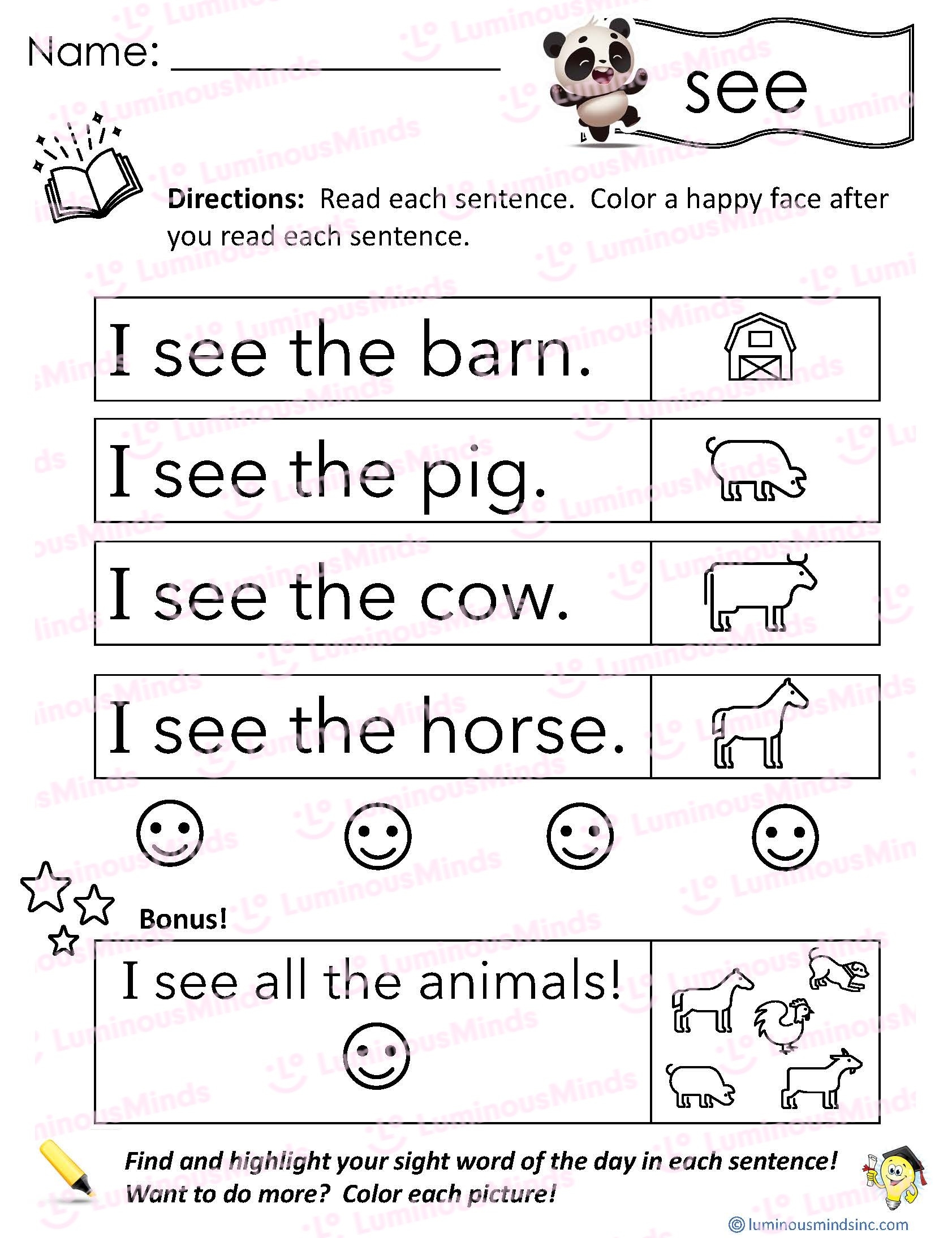 Reading Comprehension Worksheets Reading With Sight Word See Reading Comprehension Worksheets Reading With Sight Word See