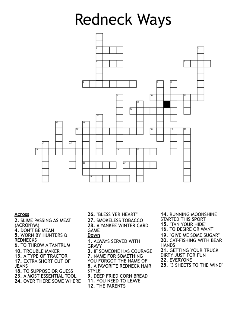 Redneck Ways Crossword WordMint Redneck Ways Crossword WordMint