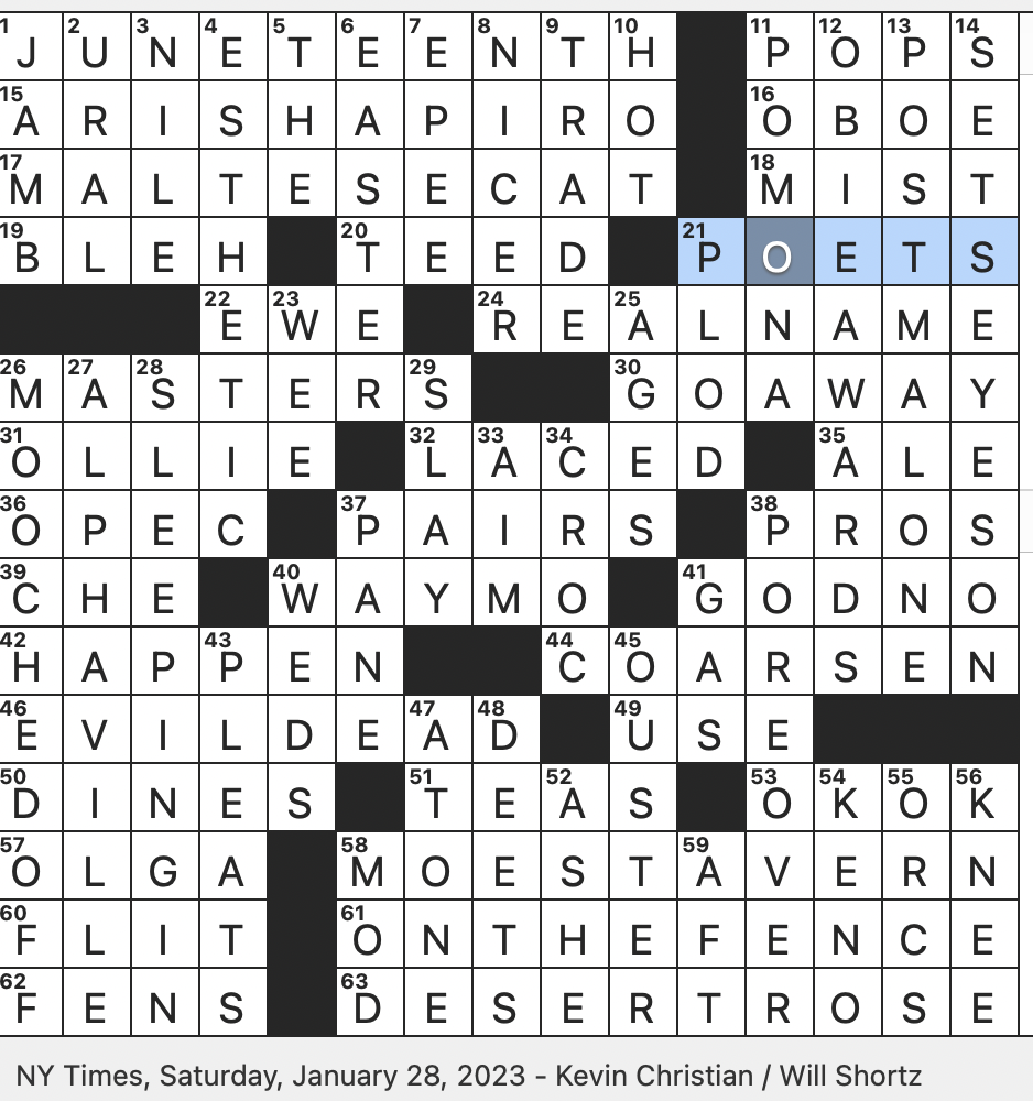 Rex Parker Does The NYT Crossword Puzzle Bluish gray Pet SAT 1 28 23 Self driving Car Company That Started As A Google Project Cousin Of Spanish Chirim a Or Italian Piffero Horror