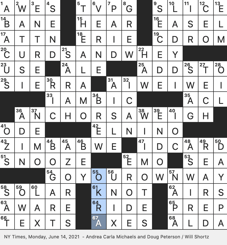 Rex Parker Does The NYT Crossword Puzzle Chinese Dissident Artist MON 6 14 21 Breakup Song By Fleetwood Mac Queen Pop Nickname Batch Of Beer Freebies At A Corporate Event 1960s Dance Craze