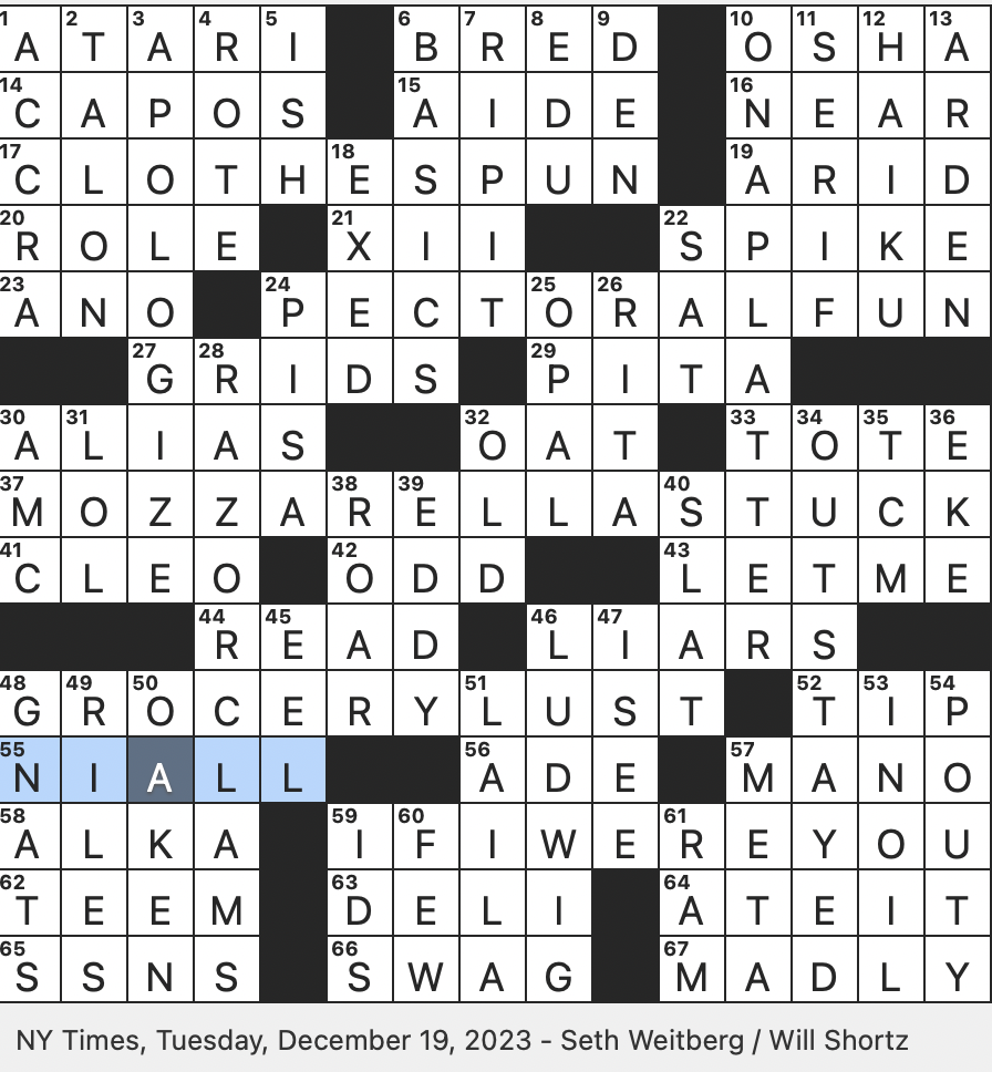 Rex Parker Does The NYT Crossword Puzzle Mollusks Named For Their Shape TUE 12 19 23 Horan Irish Musician Egyptian Ruler From 51 To 30 B C Familiarly Typographical Embellishment Desire In The Dessert Aisle Rex Parker Does The NYT Crossword Puzzle Mollusks Named For Their Shape TUE 12 19 23 Horan Irish Musician Egyptian Ruler From 51 To 30 B C Familiarly Typographical Embellishment Desire In The Dessert Aisle