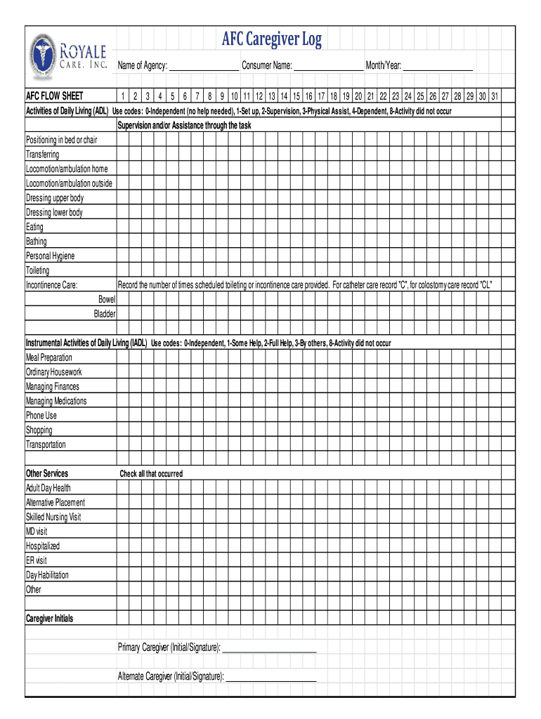 Royal Care AFC Caregiver Log Form Fill Online Printable Fillable Blank PdfFiller