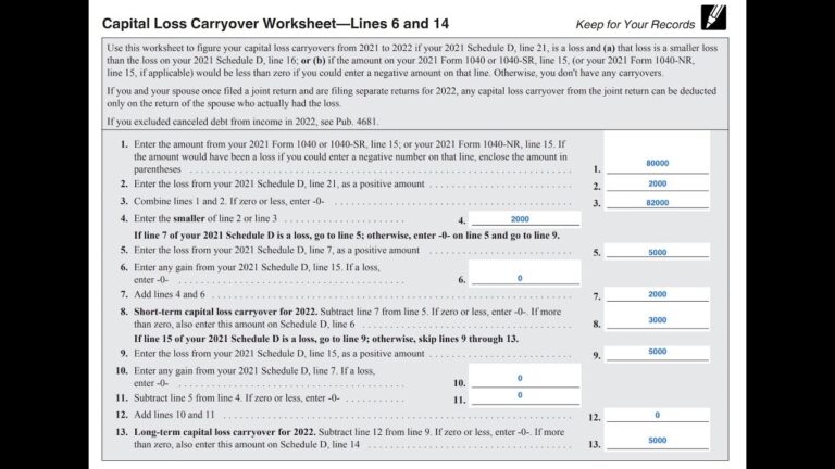 Schedule D Capital Loss Carryover Worksheet Walkthrough Lines 6 14 YouTube