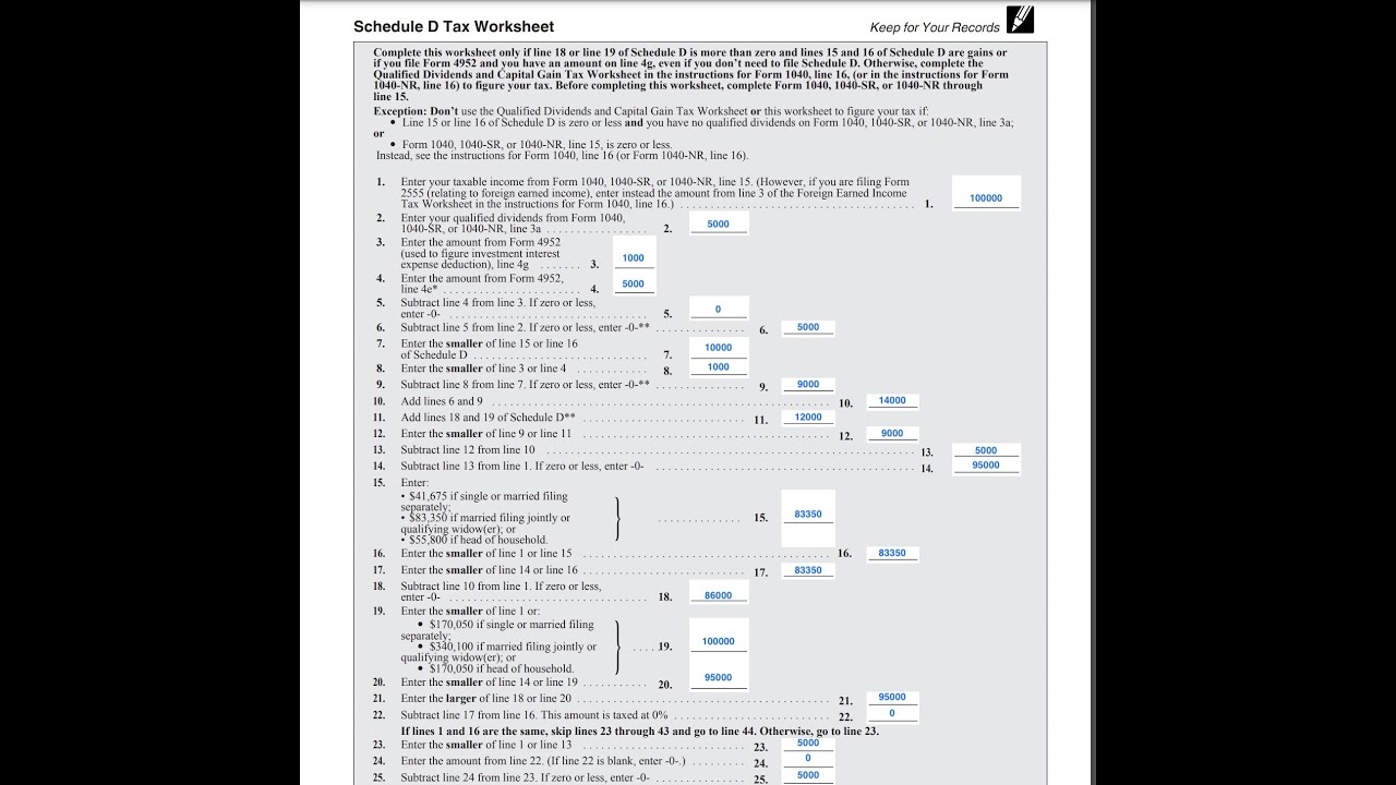 Schedule D Tax Worksheet Walkthrough YouTube Schedule D Tax Worksheet Walkthrough YouTube
